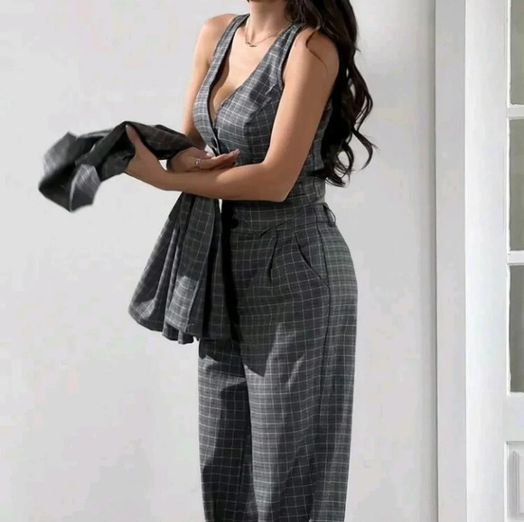 3pcs/Set Solid Grey Suit Blazer Jacket, Vest And Pants - Picture 6 of 10